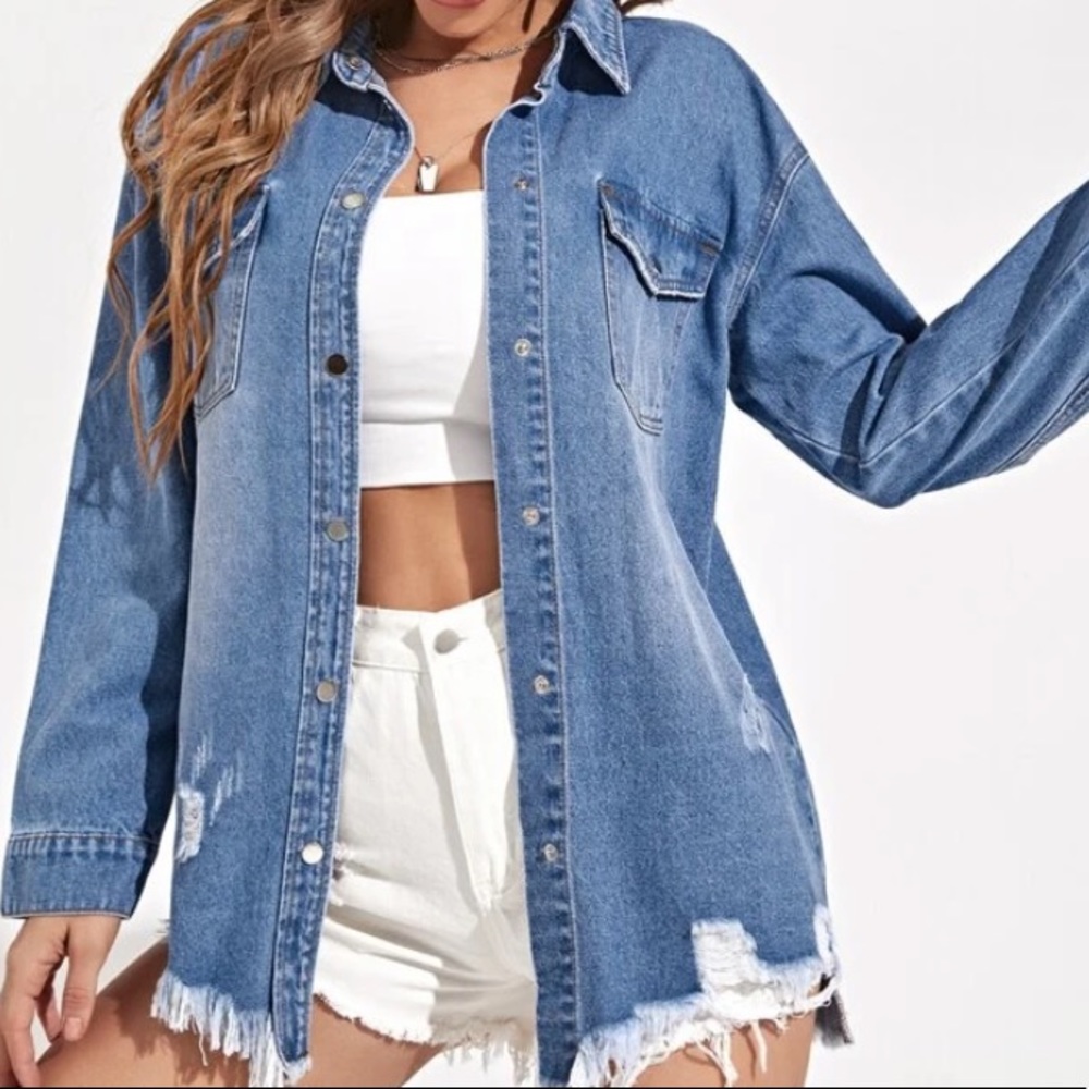 1 Left  ripped hem denim jean jacket - Picture 6 of 6